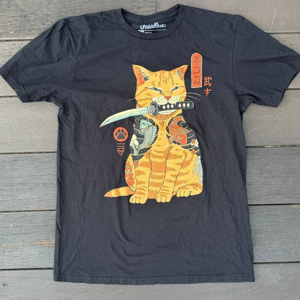 Threadless Vincent Trinidad Samurai Cat Graphic T Shirt Medium Black